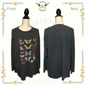 ROMWE Womens Sz L Gray Long Sleeve Shirt Butterfly Print Cotton Blend Whimsical